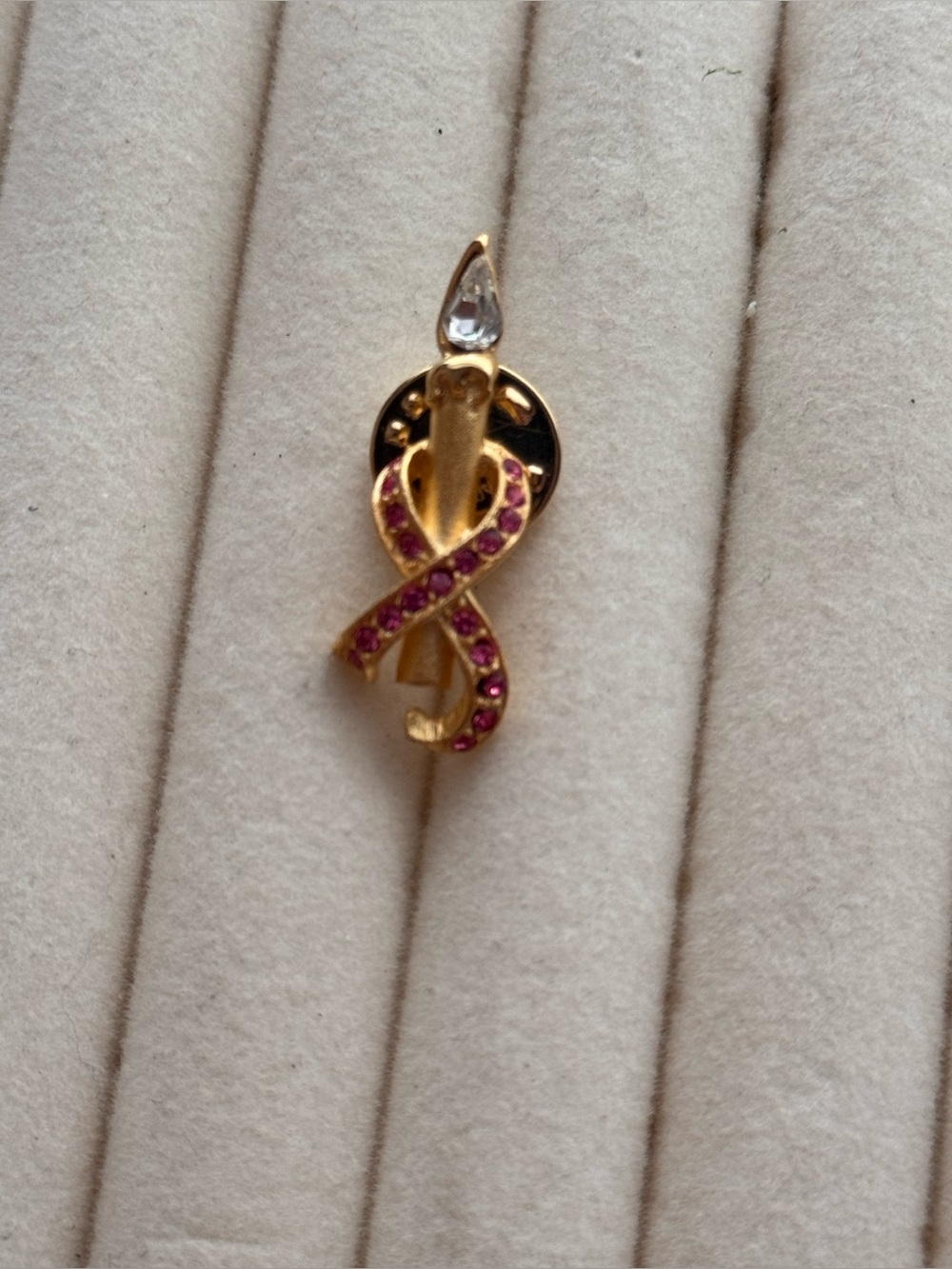 Gold Tone Pink Ribbon Pendant Pin with Clear Accent